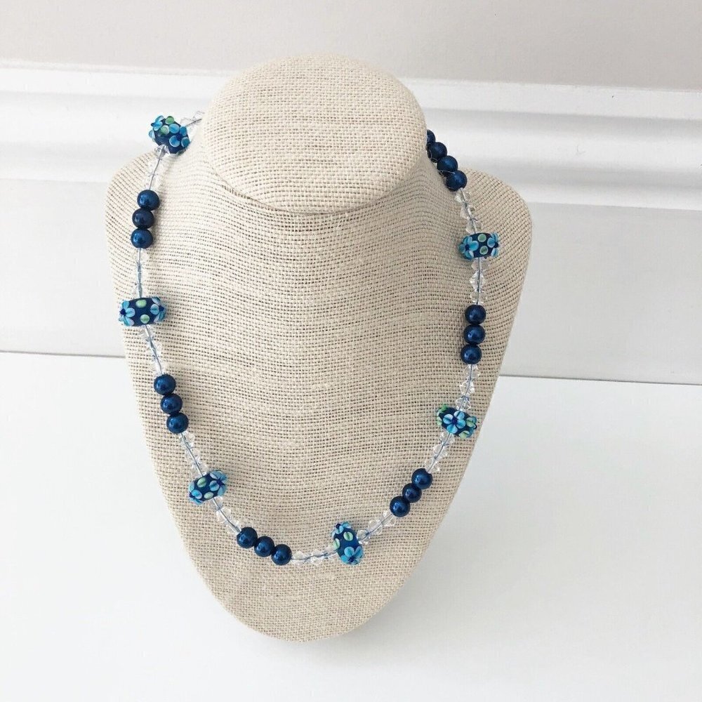 NWT Genuine Murano Glass, Czech Crystal & Glass Beads Necklace Blue White Flower